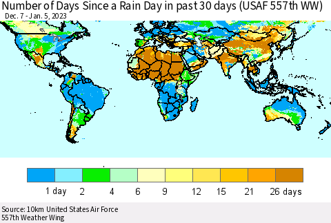 World Number of Days Since a Rain Day in past 30 days (USAF 557th WW) Thematic Map For 1/1/2023 - 1/5/2023