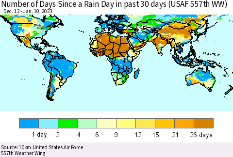 World Number of Days Since a Rain Day in past 30 days (USAF 557th WW) Thematic Map For 1/6/2023 - 1/10/2023