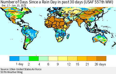 World Number of Days Since a Rain Day in past 30 days (USAF 557th WW) Thematic Map For 1/11/2023 - 1/15/2023