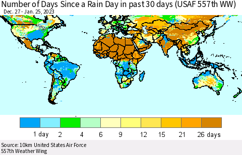 World Number of Days Since a Rain Day in past 30 days (USAF 557th WW) Thematic Map For 1/21/2023 - 1/25/2023