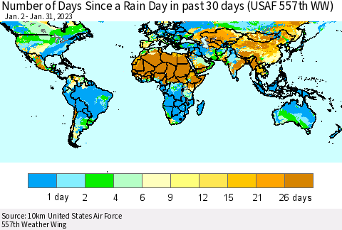 World Number of Days Since a Rain Day in past 30 days (USAF 557th WW) Thematic Map For 1/26/2023 - 1/31/2023