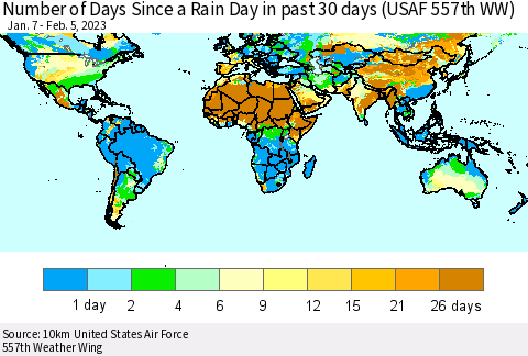 World Number of Days Since a Rain Day in past 30 days (USAF 557th WW) Thematic Map For 2/1/2023 - 2/5/2023