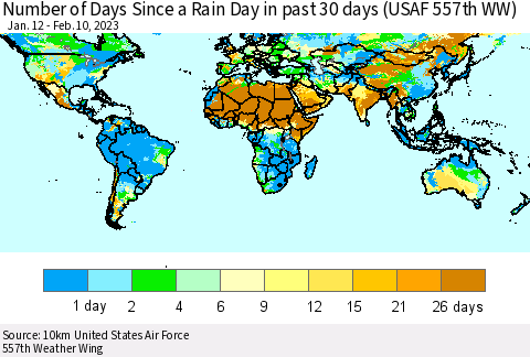 World Number of Days Since a Rain Day in past 30 days (USAF 557th WW) Thematic Map For 2/6/2023 - 2/10/2023