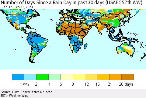 World Number of Days Since a Rain Day in past 30 days (USAF 557th WW) Thematic Map For 2/11/2023 - 2/15/2023