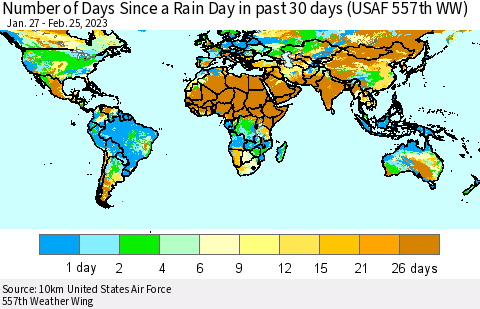 World Number of Days Since a Rain Day in past 30 days (USAF 557th WW) Thematic Map For 2/21/2023 - 2/25/2023