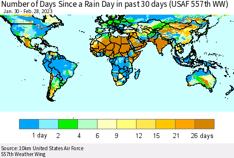 World Number of Days Since a Rain Day in past 30 days (USAF 557th WW) Thematic Map For 2/26/2023 - 2/28/2023