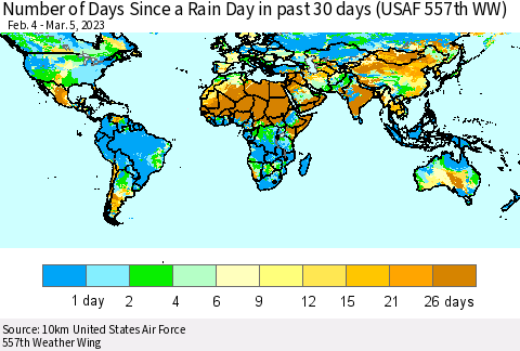 World Number of Days Since a Rain Day in past 30 days (USAF 557th WW) Thematic Map For 3/1/2023 - 3/5/2023