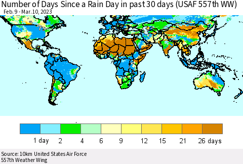 World Number of Days Since a Rain Day in past 30 days (USAF 557th WW) Thematic Map For 3/6/2023 - 3/10/2023