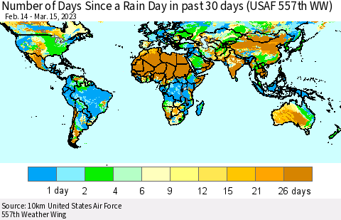 World Number of Days Since a Rain Day in past 30 days (USAF 557th WW) Thematic Map For 3/11/2023 - 3/15/2023