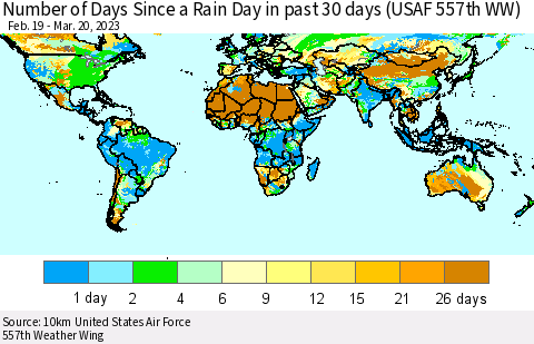 World Number of Days Since a Rain Day in past 30 days (USAF 557th WW) Thematic Map For 3/16/2023 - 3/20/2023