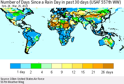 World Number of Days Since a Rain Day in past 30 days (USAF 557th WW) Thematic Map For 3/21/2023 - 3/25/2023