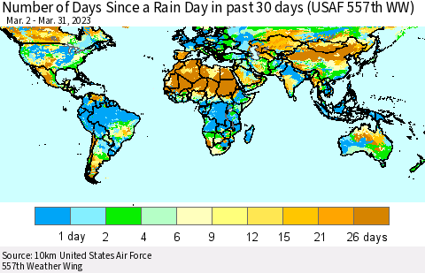 World Number of Days Since a Rain Day in past 30 days (USAF 557th WW) Thematic Map For 3/26/2023 - 3/31/2023