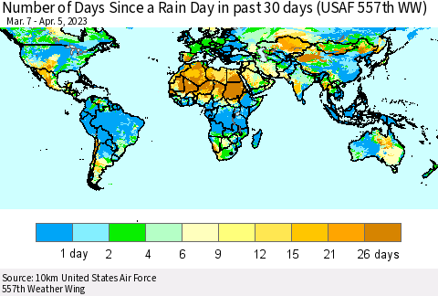World Number of Days Since a Rain Day in past 30 days (USAF 557th WW) Thematic Map For 4/1/2023 - 4/5/2023