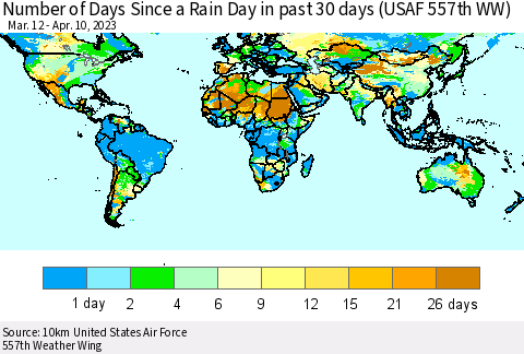 World Number of Days Since a Rain Day in past 30 days (USAF 557th WW) Thematic Map For 4/6/2023 - 4/10/2023