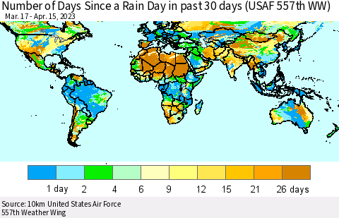 World Number of Days Since a Rain Day in past 30 days (USAF 557th WW) Thematic Map For 4/11/2023 - 4/15/2023