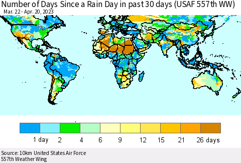 World Number of Days Since a Rain Day in past 30 days (USAF 557th WW) Thematic Map For 4/16/2023 - 4/20/2023