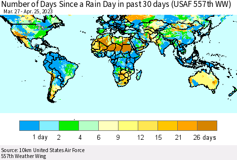 World Number of Days Since a Rain Day in past 30 days (USAF 557th WW) Thematic Map For 4/21/2023 - 4/25/2023