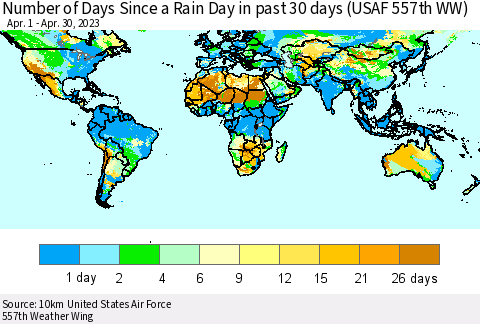 World Number of Days Since a Rain Day in past 30 days (USAF 557th WW) Thematic Map For 4/26/2023 - 4/30/2023
