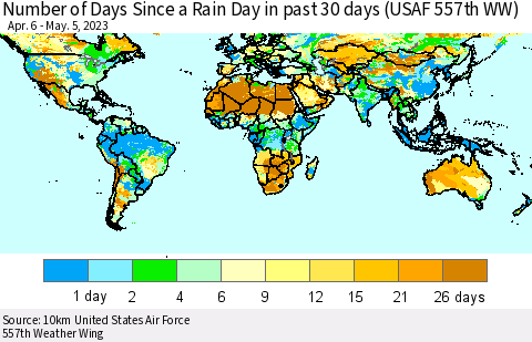 World Number of Days Since a Rain Day in past 30 days (USAF 557th WW) Thematic Map For 5/1/2023 - 5/5/2023