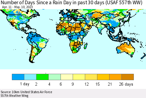 World Number of Days Since a Rain Day in past 30 days (USAF 557th WW) Thematic Map For 5/6/2023 - 5/10/2023