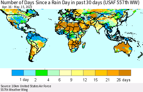 World Number of Days Since a Rain Day in past 30 days (USAF 557th WW) Thematic Map For 5/11/2023 - 5/15/2023