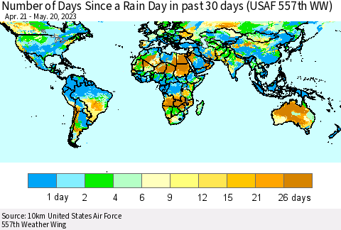 World Number of Days Since a Rain Day in past 30 days (USAF 557th WW) Thematic Map For 5/16/2023 - 5/20/2023