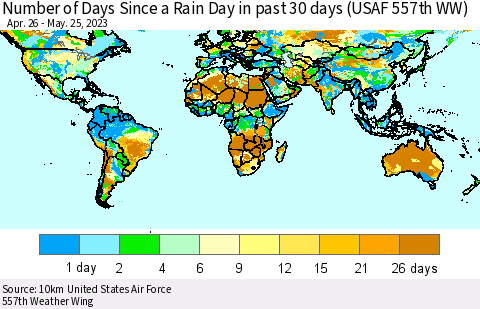 World Number of Days Since a Rain Day in past 30 days (USAF 557th WW) Thematic Map For 5/21/2023 - 5/25/2023