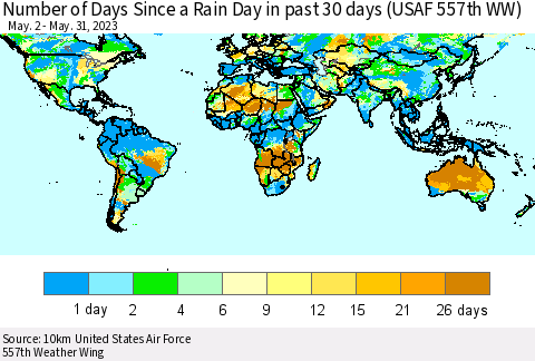World Number of Days Since a Rain Day in past 30 days (USAF 557th WW) Thematic Map For 5/26/2023 - 5/31/2023