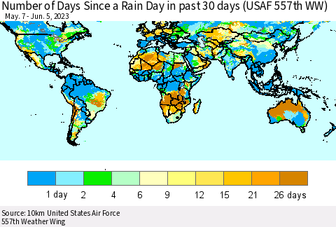 World Number of Days Since a Rain Day in past 30 days (USAF 557th WW) Thematic Map For 6/1/2023 - 6/5/2023
