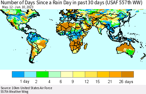 World Number of Days Since a Rain Day in past 30 days (USAF 557th WW) Thematic Map For 6/6/2023 - 6/10/2023