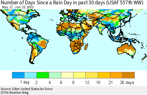 World Number of Days Since a Rain Day in past 30 days (USAF 557th WW) Thematic Map For 6/11/2023 - 6/15/2023