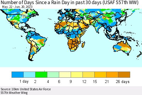 World Number of Days Since a Rain Day in past 30 days (USAF 557th WW) Thematic Map For 6/16/2023 - 6/20/2023