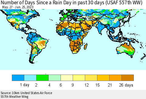 World Number of Days Since a Rain Day in past 30 days (USAF 557th WW) Thematic Map For 6/21/2023 - 6/25/2023