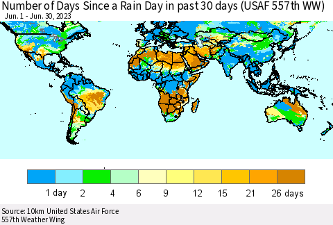 World Number of Days Since a Rain Day in past 30 days (USAF 557th WW) Thematic Map For 6/26/2023 - 6/30/2023
