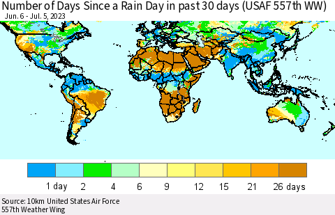 World Number of Days Since a Rain Day in past 30 days (USAF 557th WW) Thematic Map For 7/1/2023 - 7/5/2023