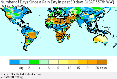 World Number of Days Since a Rain Day in past 30 days (USAF 557th WW) Thematic Map For 7/6/2023 - 7/10/2023