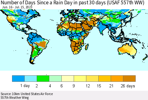World Number of Days Since a Rain Day in past 30 days (USAF 557th WW) Thematic Map For 7/11/2023 - 7/15/2023