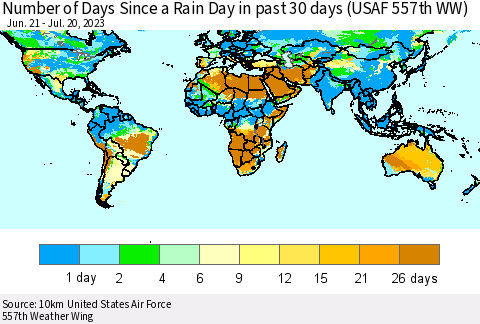 World Number of Days Since a Rain Day in past 30 days (USAF 557th WW) Thematic Map For 7/16/2023 - 7/20/2023