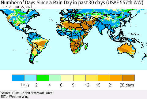 World Number of Days Since a Rain Day in past 30 days (USAF 557th WW) Thematic Map For 7/21/2023 - 7/25/2023