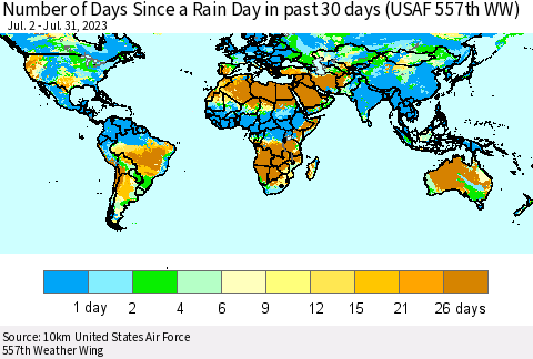 World Number of Days Since a Rain Day in past 30 days (USAF 557th WW) Thematic Map For 7/26/2023 - 7/31/2023