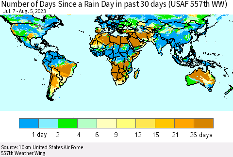 World Number of Days Since a Rain Day in past 30 days (USAF 557th WW) Thematic Map For 8/1/2023 - 8/5/2023