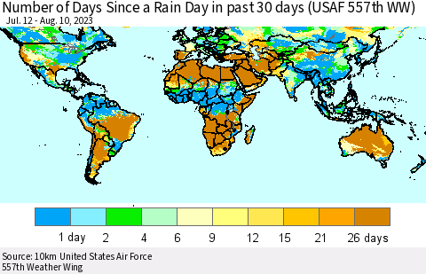 World Number of Days Since a Rain Day in past 30 days (USAF 557th WW) Thematic Map For 8/6/2023 - 8/10/2023