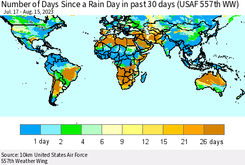 World Number of Days Since a Rain Day in past 30 days (USAF 557th WW) Thematic Map For 8/11/2023 - 8/15/2023