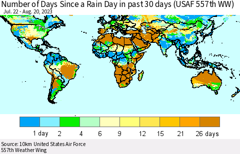 World Number of Days Since a Rain Day in past 30 days (USAF 557th WW) Thematic Map For 8/16/2023 - 8/20/2023