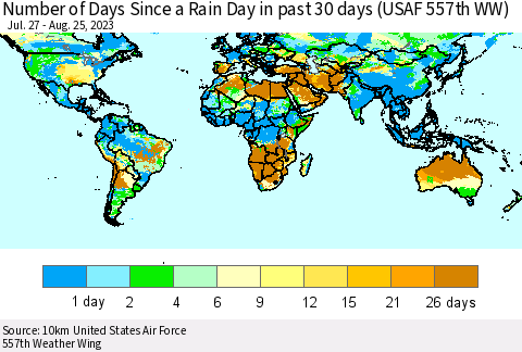 World Number of Days Since a Rain Day in past 30 days (USAF 557th WW) Thematic Map For 8/21/2023 - 8/25/2023