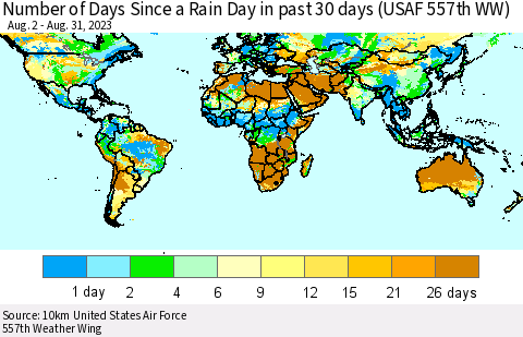 World Number of Days Since a Rain Day in past 30 days (USAF 557th WW) Thematic Map For 8/26/2023 - 8/31/2023