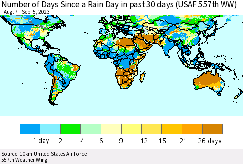 World Number of Days Since a Rain Day in past 30 days (USAF 557th WW) Thematic Map For 9/1/2023 - 9/5/2023
