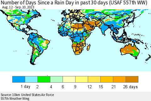 World Number of Days Since a Rain Day in past 30 days (USAF 557th WW) Thematic Map For 9/6/2023 - 9/10/2023