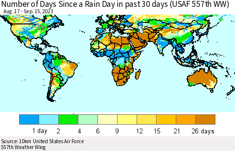 World Number of Days Since a Rain Day in past 30 days (USAF 557th WW) Thematic Map For 9/11/2023 - 9/15/2023