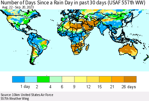 World Number of Days Since a Rain Day in past 30 days (USAF 557th WW) Thematic Map For 9/16/2023 - 9/20/2023